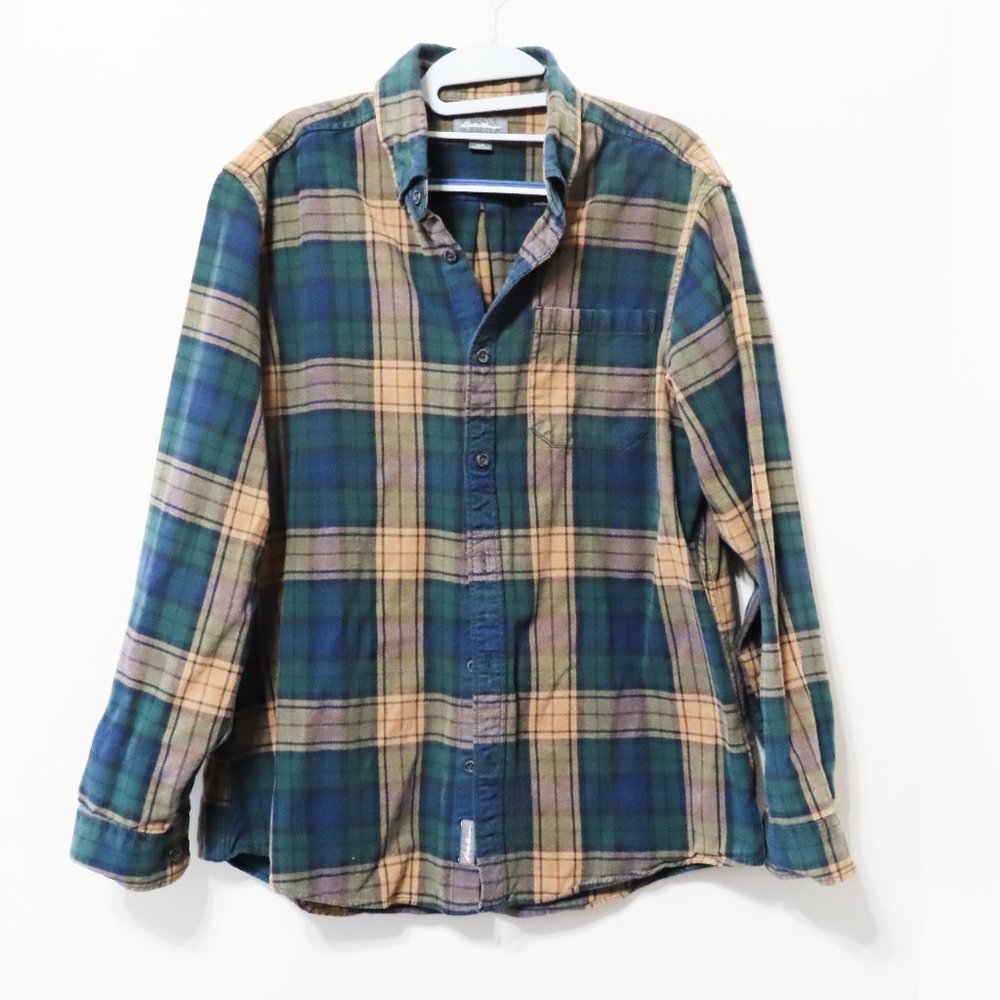 Eddie Bauer forest, blue and beige plaid flannel shirt